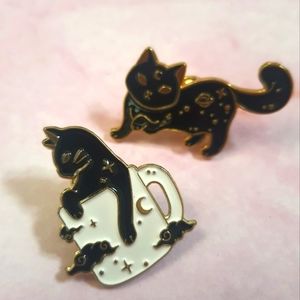 Lot Of 2 Cat Coffee Cup and Moon Enamel Pins